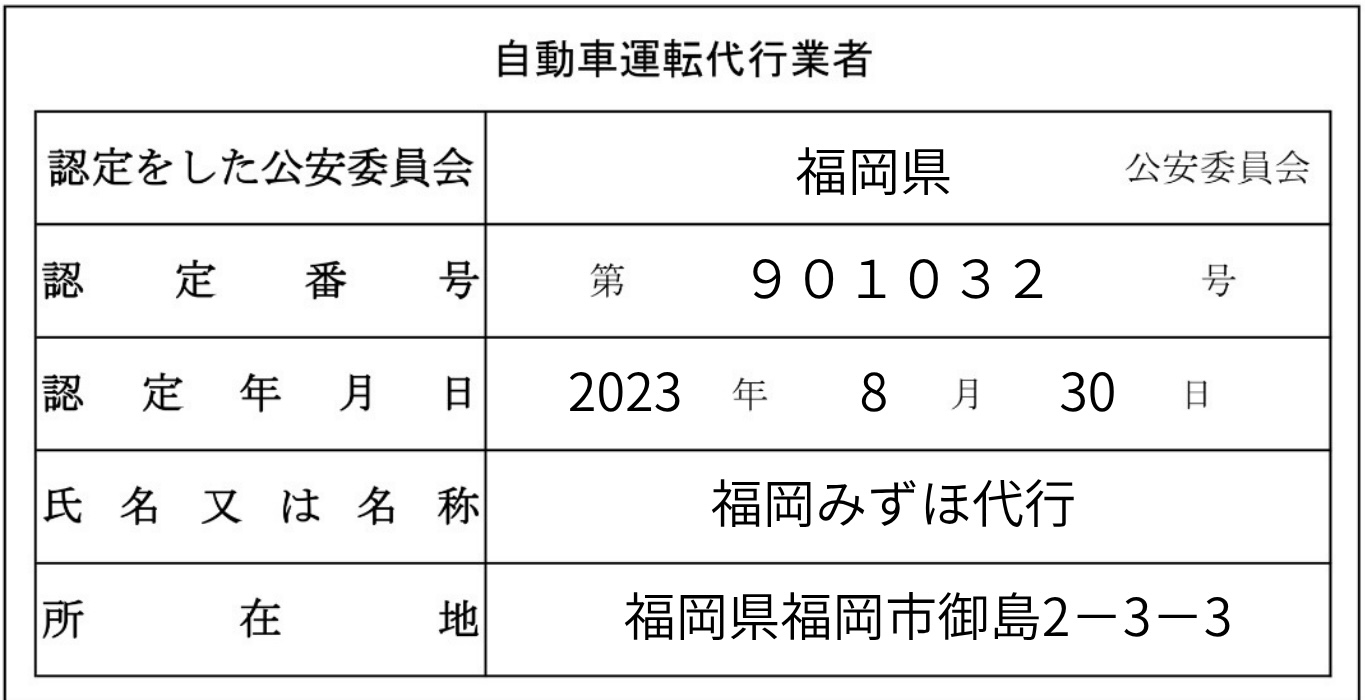 福岡県公安委員会認定の自動車運転代行業者認定証｜福岡みずほ代行